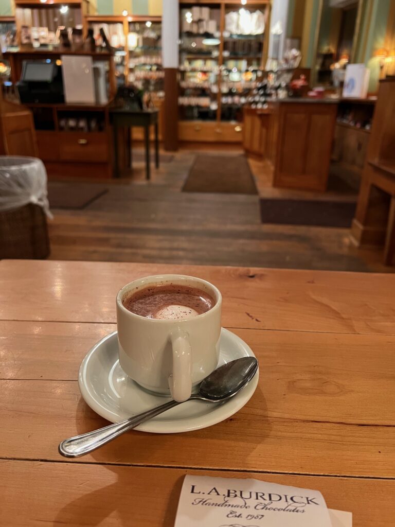 Dark hot chocolate at L.A.Buridick Chocolates in Boston's Back Bay on Clarendon St
